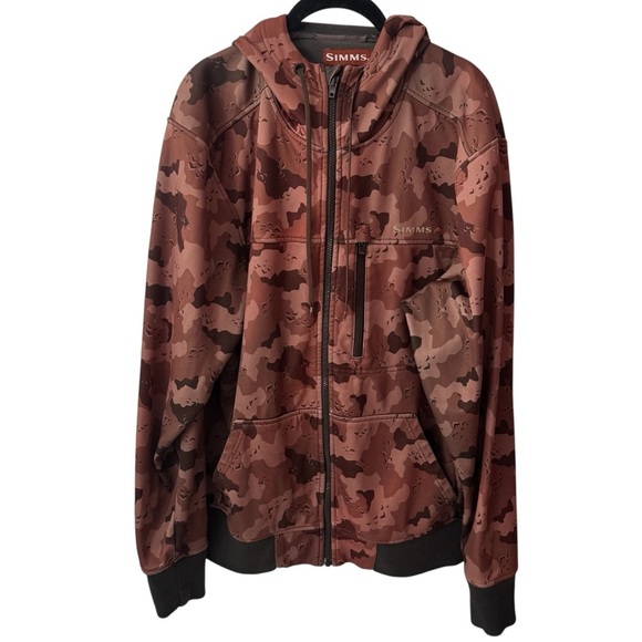 Simms Brown Ombre Camouflage Fleece Full Zip Hooded Fishing Outdoors Jacket M - Picture 2 of 11